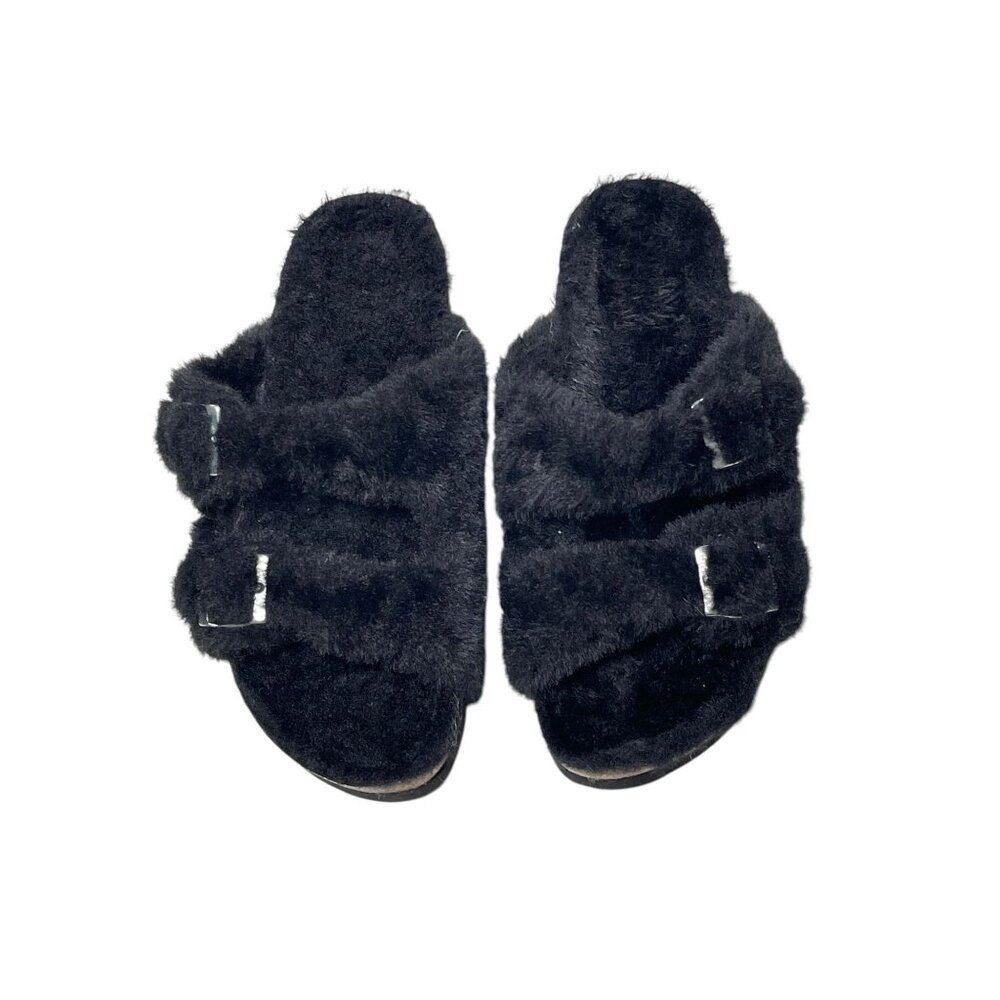 Black Faux Fur Double-Buckle Slide Sandals With Cork Sole - Womens Size 40 EU  9 - Picture 8 of 11